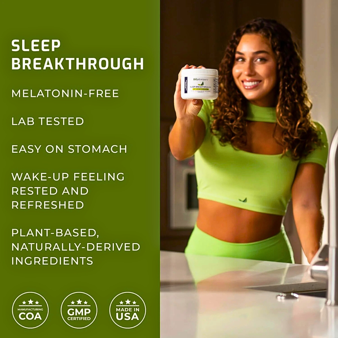 Woman holding BiOptimizers Sleep Breakthrough with benefits listed: melatonin-free, lab tested, easy on stomach, plant-based